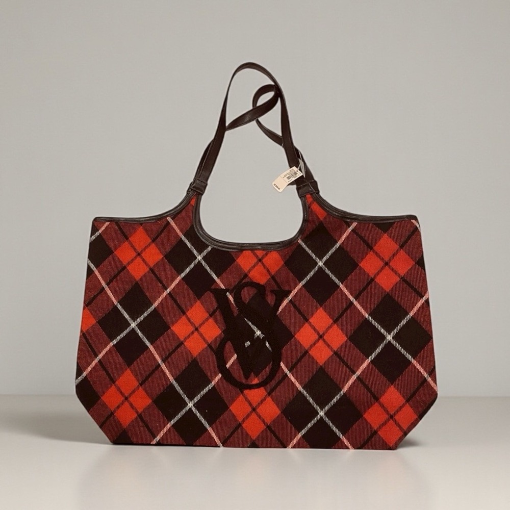New Victoria's Secret Red Black Tartan Plaid Tote Shoulder Shop Christmas Bag